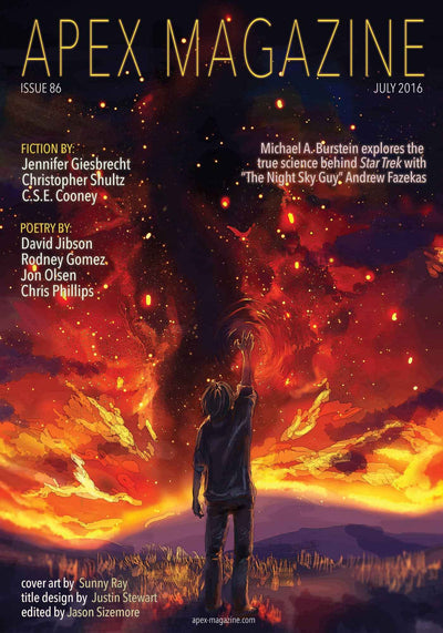 A boy stands in a field at sunset, reaching toward a swirling sky of stars and clouds. Text lists contributors for Apex Magazine Issue 86, a DRM-free science fiction magazine—July 2016.