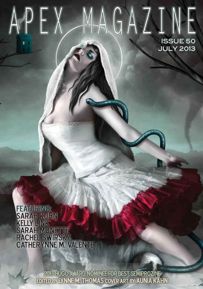 A woman in a white dress with red edges lies on the ground, eyes closed, a snake around her arm. She wears a halo and veil. The dark background hints at speculative fiction. Apex Magazine Issue 50 and credits appear overlaid.