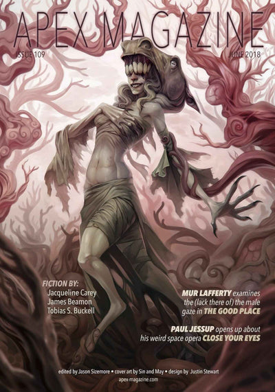 A monstrous, humanoid creature with a shark-like head and jagged teeth stands amid surreal trees. The cover displays "Apex Magazine Issue 109" along with contributor names and issue details in bold text.
