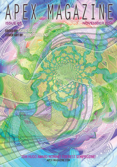 Apex Magazine Issue 66 features abstract, swirling pastel patterns with geometric and organic shapes on the cover. Highlights include the editor, cover artist, a Hugo Award nomination, acclaimed speculative fiction, and always being DRM-free.