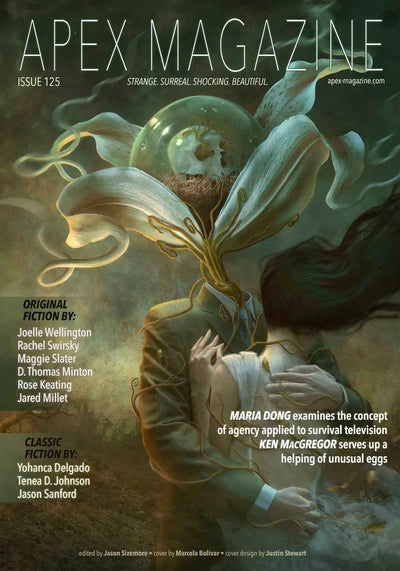The surreal cover of Apex Magazine Issue 125 features a suited figure with a blooming flower head, surrounded by misty green swirls in a cottonmouth-inspired scene, plus DRM-free speculative fiction article titles across the image.