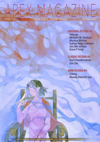 Apex Magazine Issue 137 showcases a green-haired person in a purple dress with a flower among pastel leaves on the cover. Enjoy captivating short fiction, interviews, and Pacific Islander SFF inside.