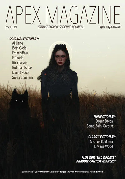 Apex Magazine Issue 149 cover: dark fantasy style with a horned, red-eyed crowned woman standing in a misty dusk field. Text features contributors and magazine title. Inspired by horror short fiction.