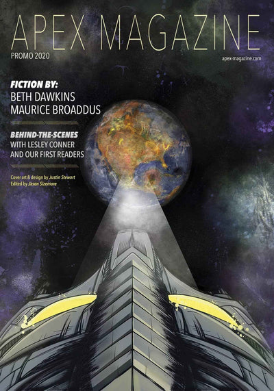 The Apex Magazine Promo 2020 cover shows a spaceship beaming light to Earth in a starry sky. Highlights include Beth Dawkins, Maurice Broaddus, Lesley Conner, and others—plus free mini-issue short fiction.