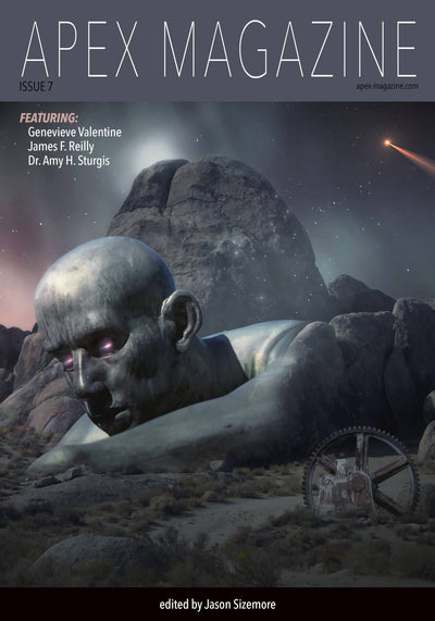 A giant stone head and hand lie partially buried in a rocky, alien landscape under a starry sky with purple light glowing from the statue’s eye. Get Apex Magazine Issue 7, DRM-free and edited by Jason Sizemore.