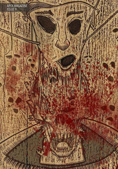 Apex Magazine Issue 9 features a stylized, eerie face with hollow eyes and an open mouth spilling blood into a bowl, set against rough vertical lines and a dark, textured background—a haunting nod to the issue’s unique history.