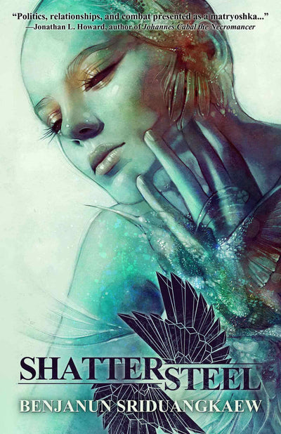 A digital artwork for "Shattersteel" depicts a contemplative woman in ethereal blue-green hues, overlaid with abstract bird-like shapes, reflecting the novel’s dark fantasy themes and assassin protagonist.