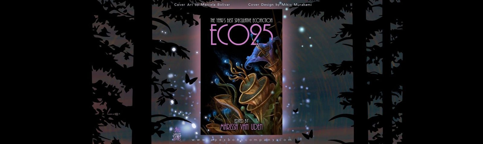 The ECO25 anthology cover features an ethereal blue figure ascending among golden circular designs against a dark background with leaf silhouettes.