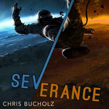 A spacesuited astronaut floats in split lighting—Earth’s blue glow on the left, a fiery wasteland on the right. The science fiction novel “Severance” is boldly featured across the image.