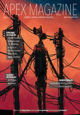 A skeletal figure stands among power lines against an orange-red sky on the cover of Apex Magazine Issue 152, which lists authors and reads: "APEX MAGAZINE: Strange. Surreal. Shocking. Beautiful." This issue features original fiction, author interviews, and artwork by Trevor Henderson.