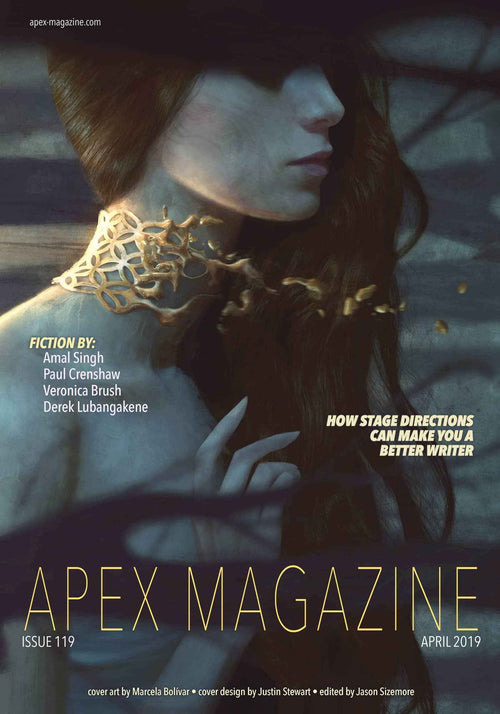 A woman with long dark hair touches her neck, which transforms into golden geometric fragments on the cover of Apex Magazine Issue 119, a science fiction magazine featuring stories like "Professor Strong and the Brass Boys.