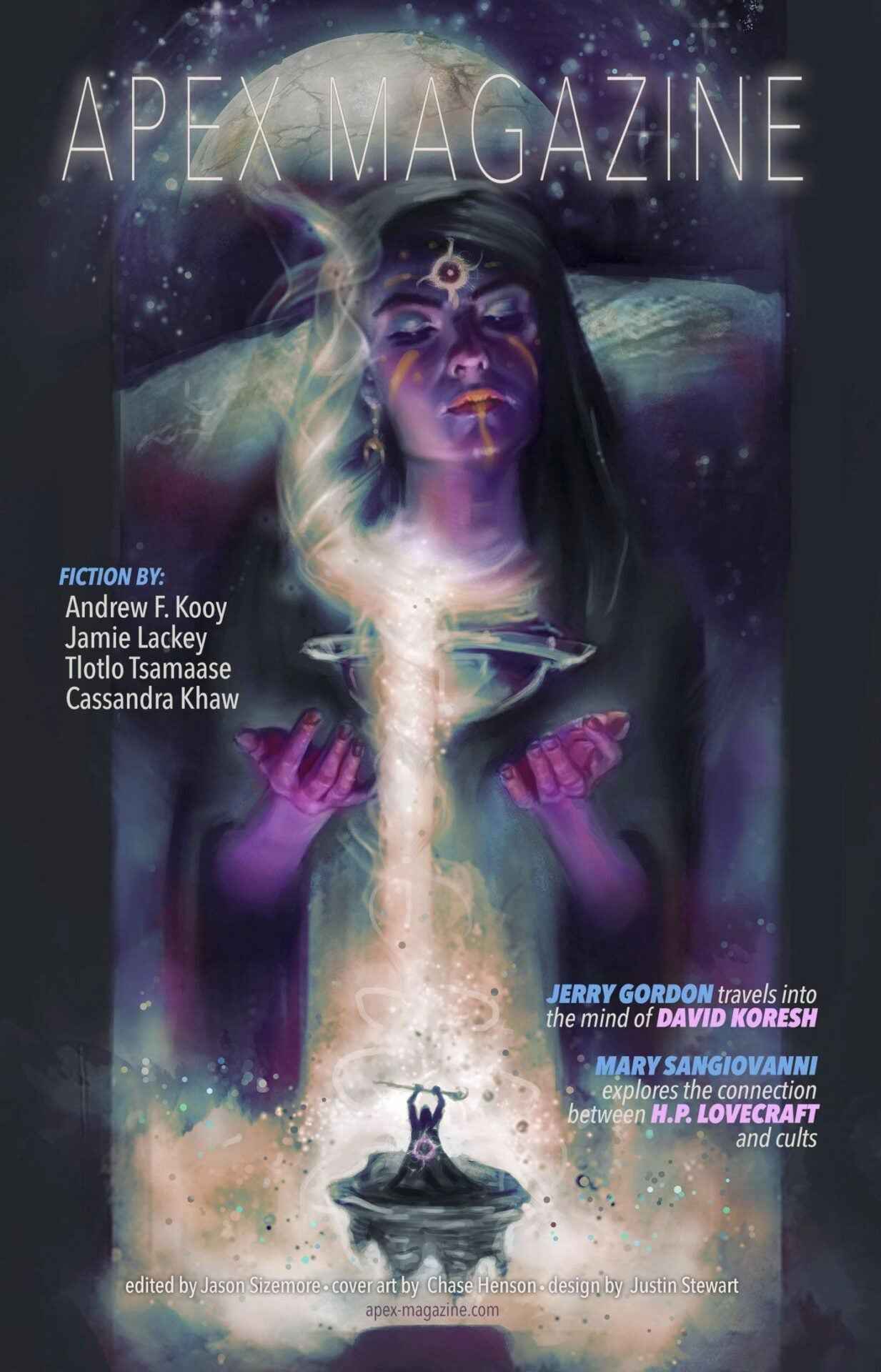 The cover of Apex Magazine Issue 107 features a mystical woman with glowing eyes and orb, ethereal lights swirling to a meditating figure below, evoking Lovecraftian and occult themes; editorial fiction is highlighted inside.