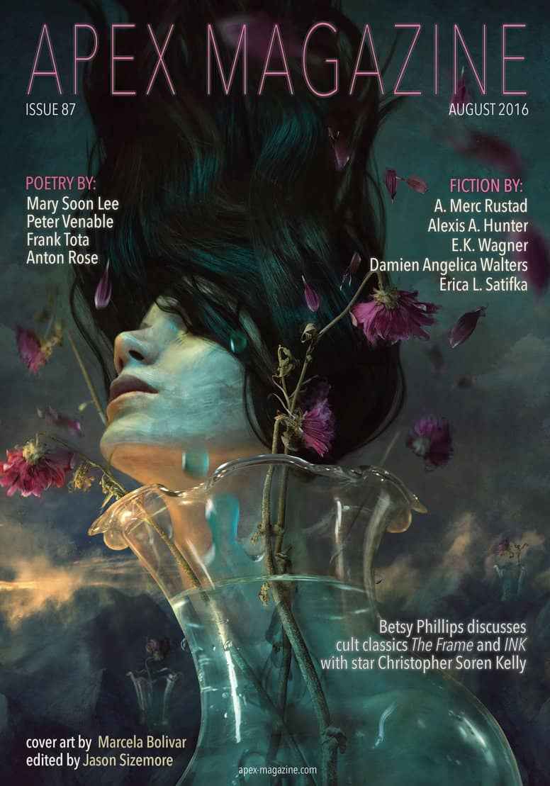 A woman's head, partly submerged in a water-filled glass vase with wilted pink flowers, gazes upward. Text highlights authors and features in Apex Magazine Issue 87, a speculative and science fiction magazine.