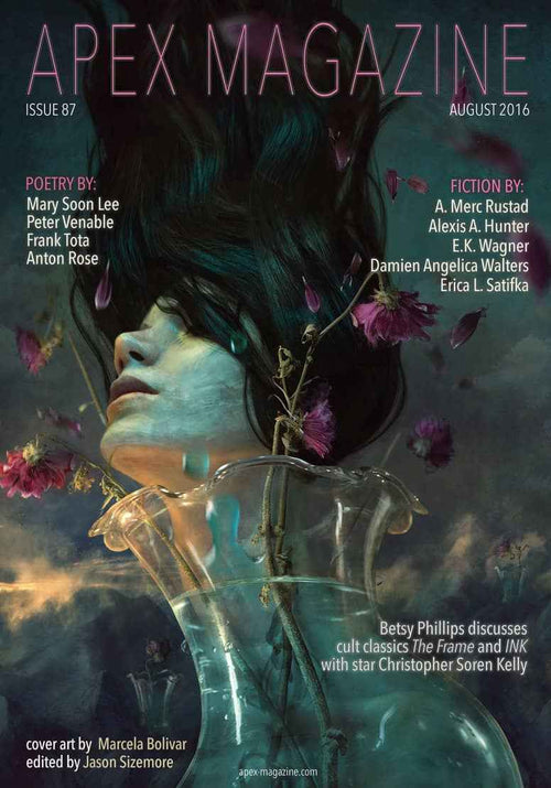 A woman's head, partly submerged in a water-filled glass vase with wilted pink flowers, gazes upward. Text highlights authors and features in Apex Magazine Issue 87, a speculative and science fiction magazine.