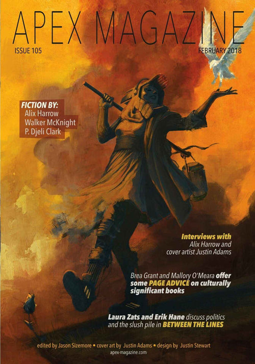 A woman in dark clothing and a headscarf stands with a large axe against an orange sky; text highlights authors, interviews, and portal fantasies from Apex Magazine Issue 105.