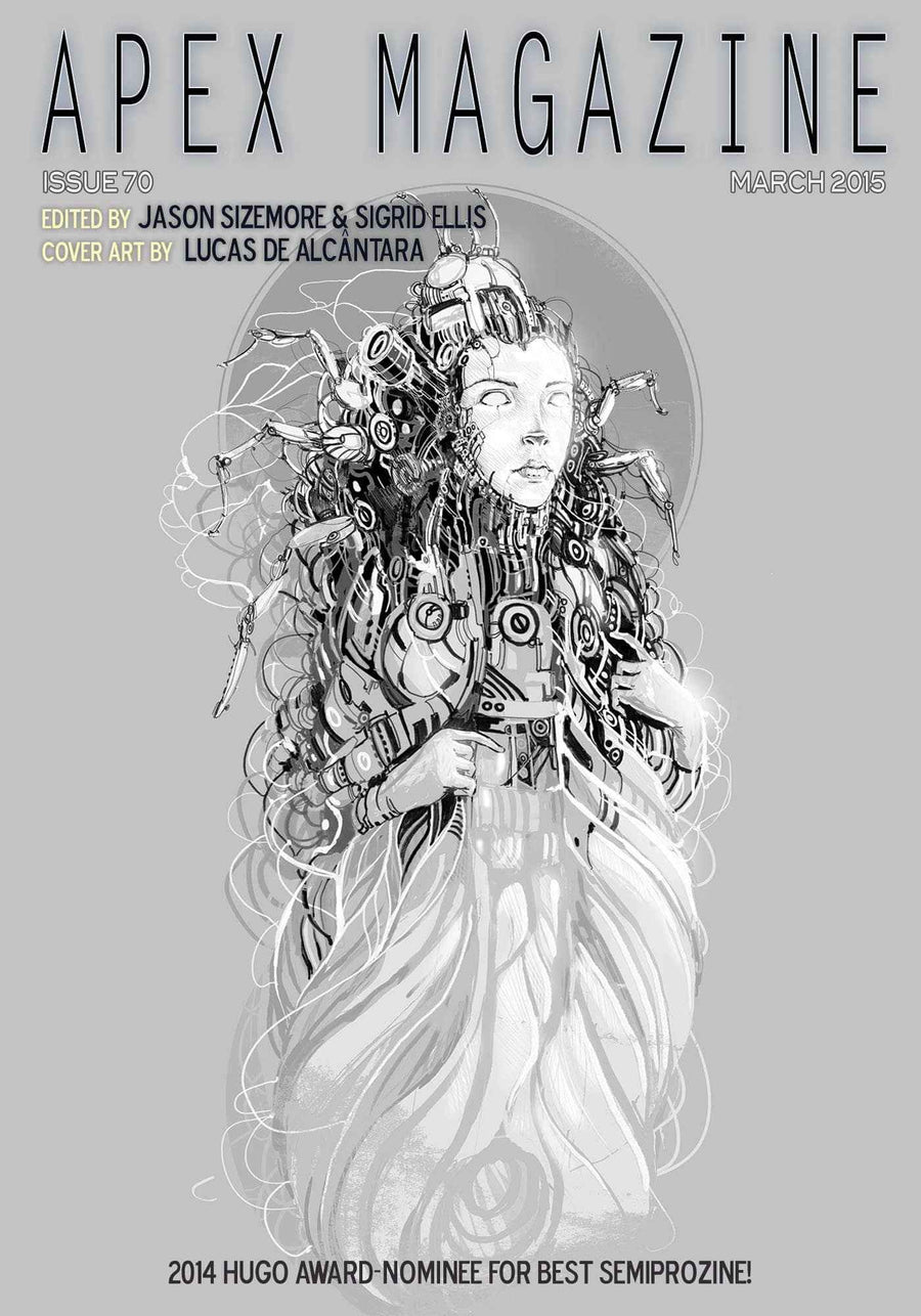 Cover of Apex Magazine Issue 70 (March 2015): Features a surreal illustration of a woman with flowing hair and mechanical-organic elements. This DRM-free sci-fi magazine includes short fiction, editor info, and cover artist details.