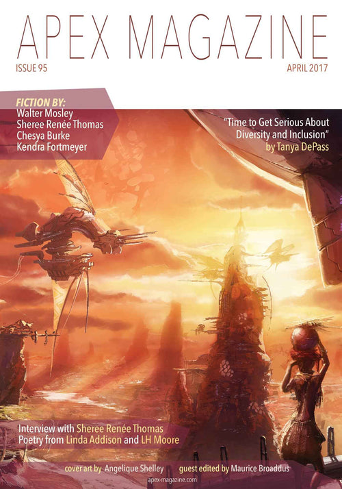 Apex Magazine Issue 95, published April 2017, features a vibrant sci-fi cover and includes fiction, interviews, and poetry—such as works by Maurice Broaddus. This DRM-free issue is packed with speculative stories and insights.