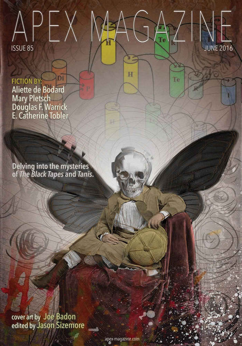 The surreal, DRM-free cover of Apex Magazine Issue 85 shows a child with a skull face, insect wings, and a red cloak in a chair among abstract dice and geometric shapes, introducing bold sci-fi stories inside.