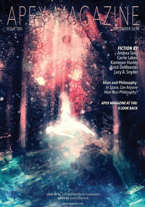 A glowing figure floats in a beam of light among misty trees. The cover of Apex Magazine Issue 100 features science fiction stories and articles by various authors, released DRM-free in September 2017.