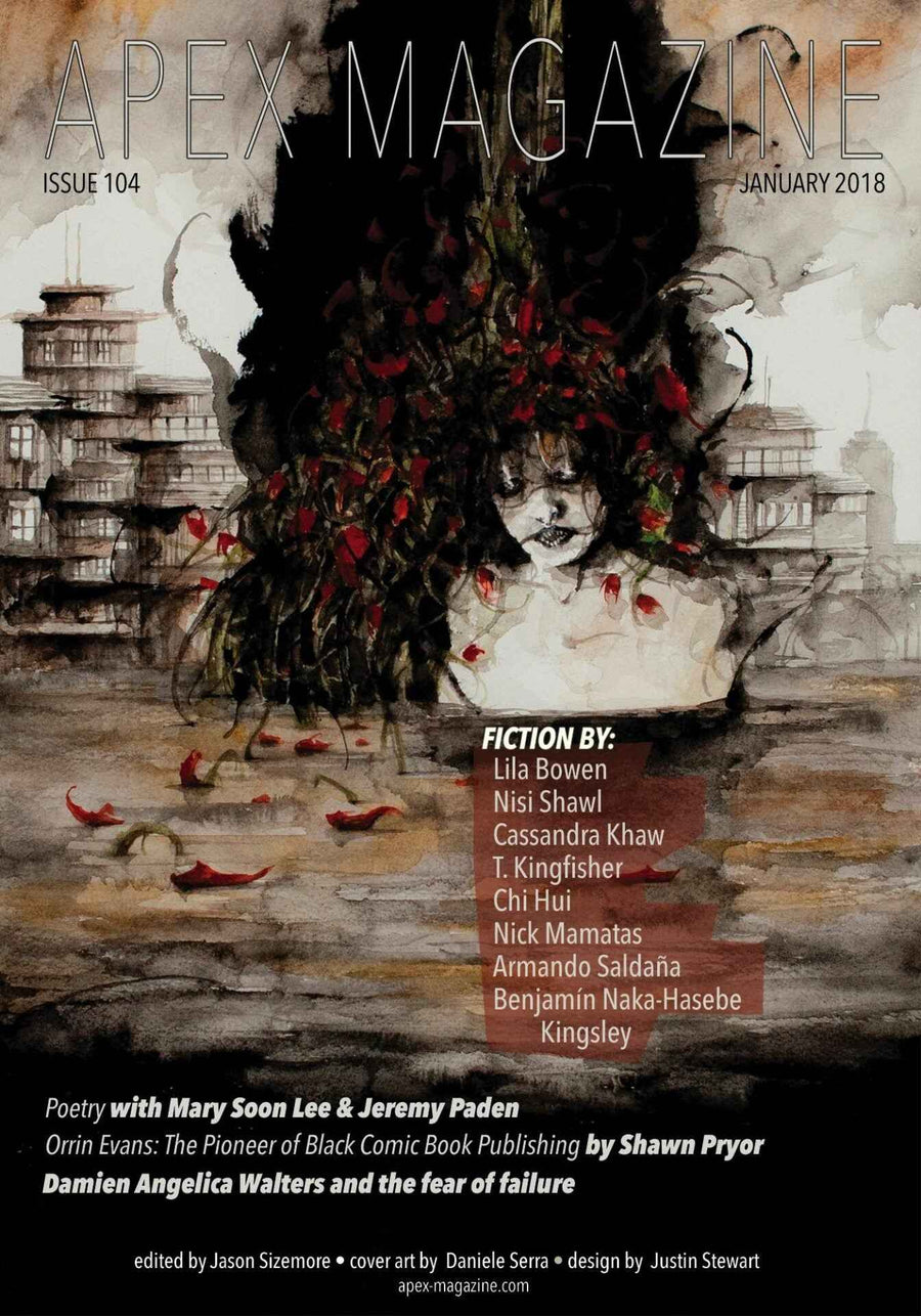 Apex Magazine Issue 104, January 2018, features a watercolor cityscape with a red sun and woman's face on the cover. This DRM-free issue includes stories by featured authors and "Asylum of Cuckoos.