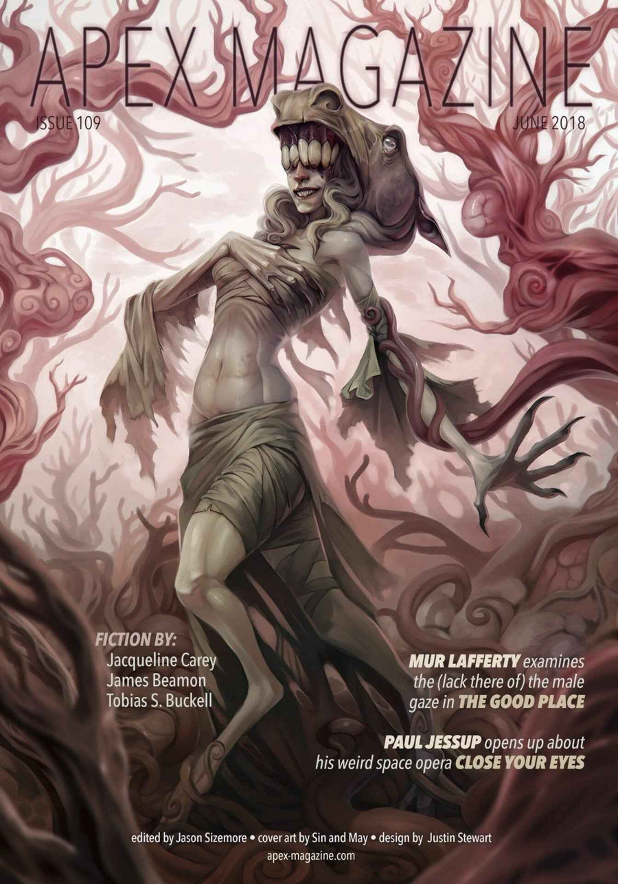 A monstrous, humanoid creature with a shark-like head and jagged teeth stands amid surreal trees. The cover displays "Apex Magazine Issue 109" along with contributor names and issue details in bold text.