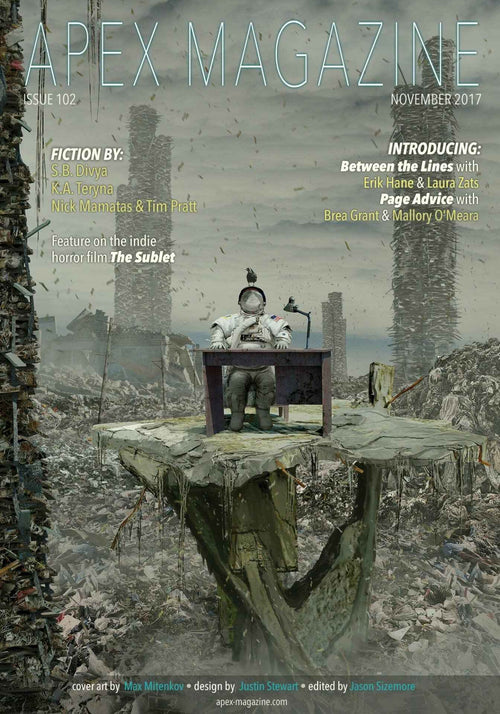 A person in a spacesuit sits at a desk on floating rocks among surreal debris—a striking cover for Apex Magazine Issue 102, the DRM-free science fiction magazine.