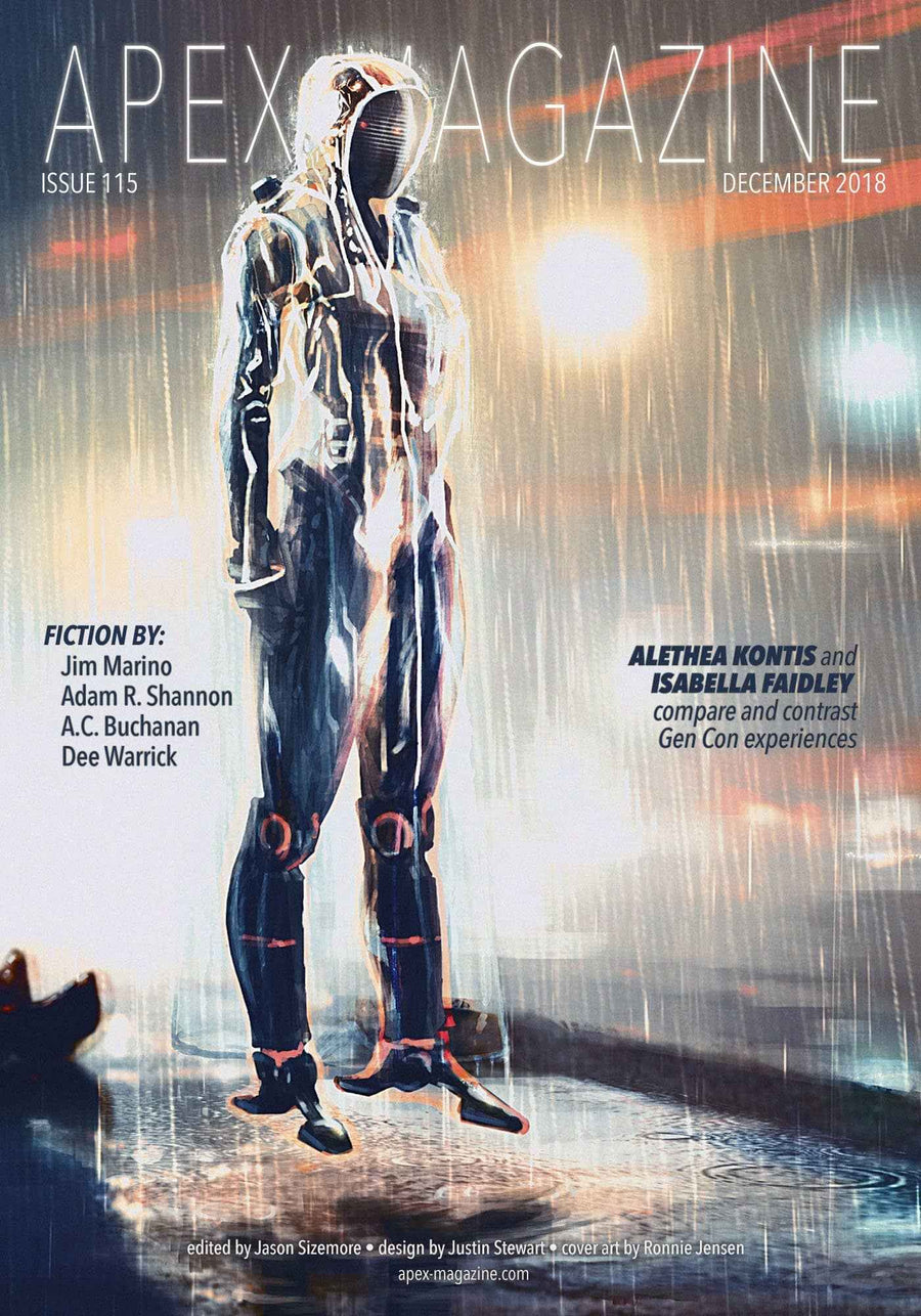Apex Magazine Issue 115 showcases FICTION and NONFICTION by acclaimed authors—always DRM-free. The cover features a hooded figure in a futuristic reflective suit standing in colorful, rain-soaked city lights.