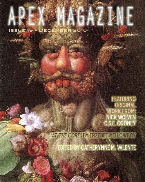 Cover of Apex Magazine Issue 19 (Dec 2010), showcasing a surreal portrait crafted from radishes, fruits, vegetables, and flowers. Includes DRM-free fiction highlights and editor details on the cover.