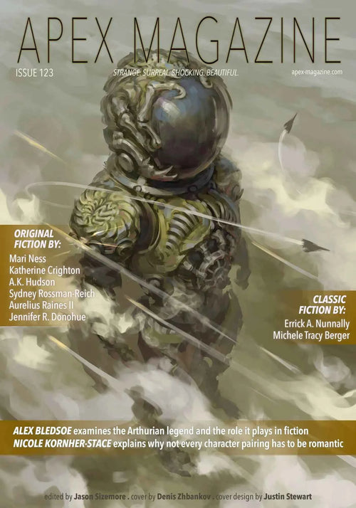The cover of Apex Magazine Issue 123 shows a surreal, mossy armored statue beneath eerie clouds. Inside, you'll find speculative fiction authors, reviews, and original short stories.