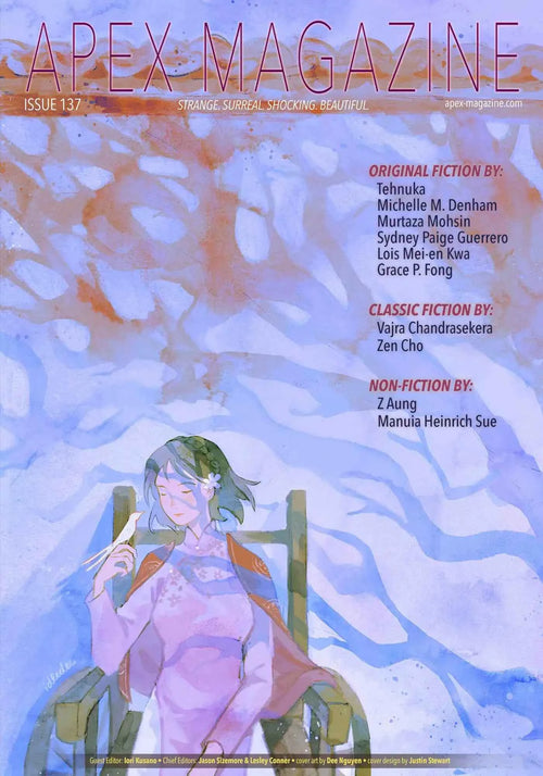 Apex Magazine Issue 137 showcases a green-haired person in a purple dress with a flower among pastel leaves on the cover. Enjoy captivating short fiction, interviews, and Pacific Islander SFF inside.