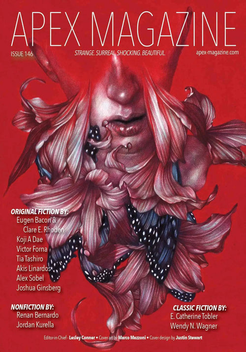 Cover of Apex Magazine Issue 146 shows a close-up of a face with red lips and flowing red hair interwoven with small fish. Science fiction contributors and editorial staff are listed, plus the magazine's tagline at the top.