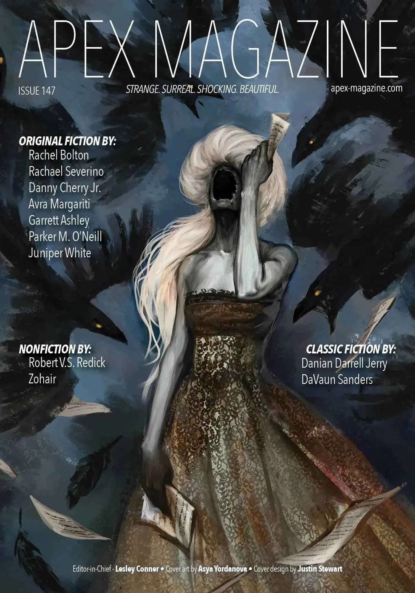 The cover of Apex Magazine - One Year highlights a ghostly figure with flowing white hair and open mouth, surrounded by dark hands. The magazine’s title and authors’ names appear above and to the left of the image.