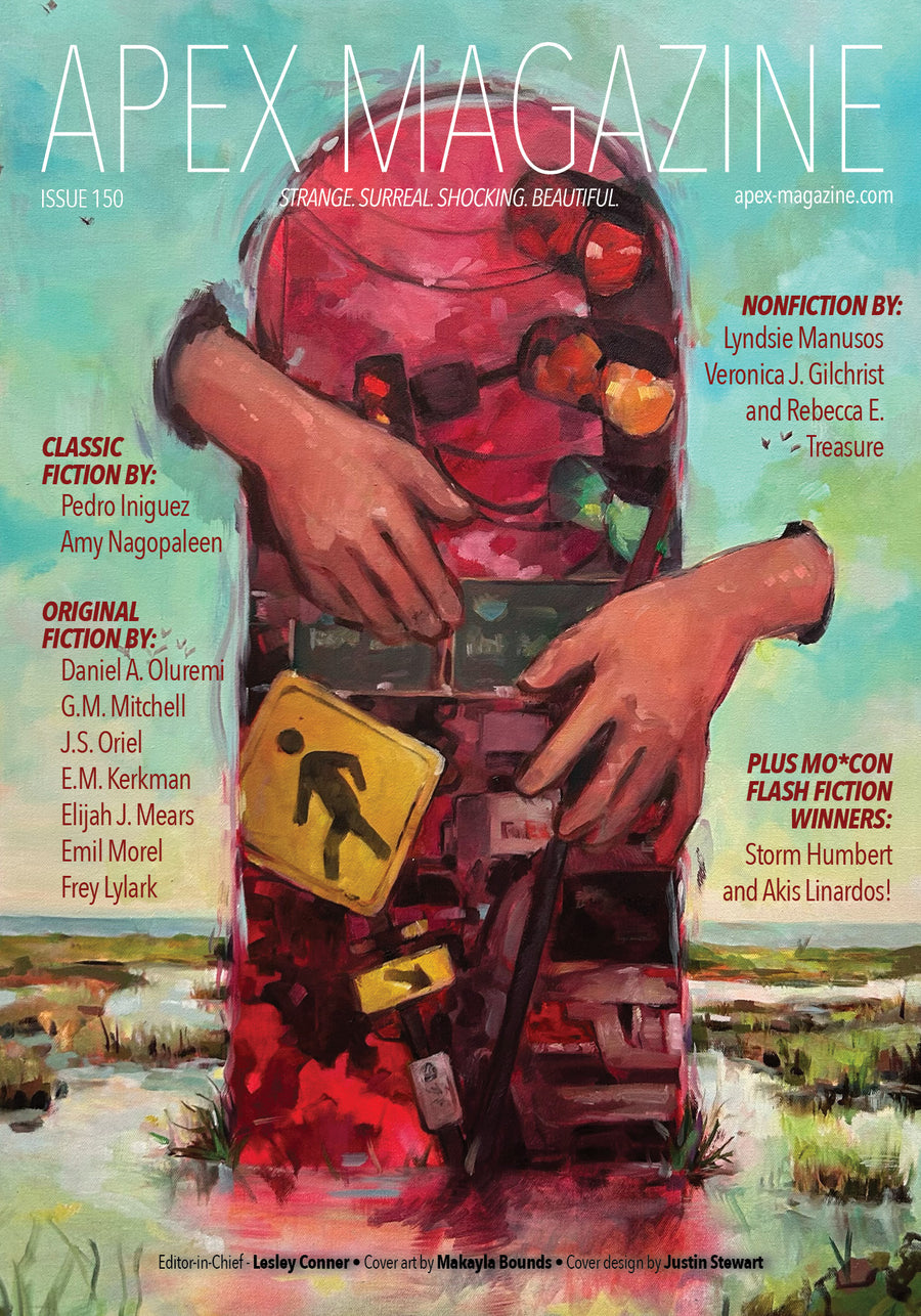 The vibrant cover of Apex Magazine Issue 150 depicts a person in a red dress holding cameras and film amid an abstract landscape, highlighting speculative fiction features.