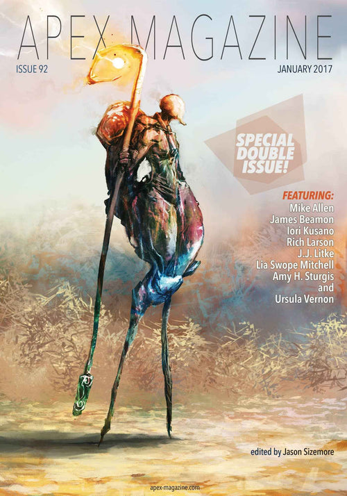 Apex Magazine Issue 92 is a DRM-free science fiction magazine spotlighting acclaimed authors and imaginative stories, with a dreamy cover featuring a surreal tall humanoid with long legs, a staff, and a glowing head.