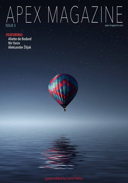 The DRM-free cover of Apex Magazine Issue 5 features a vibrant hot air balloon floating above serene, reflective water beneath a starry sky, and lists authors Aliette de Bodard, Lavie Tidhar, Nir Yaniv, and Aleksander Žiljak.
