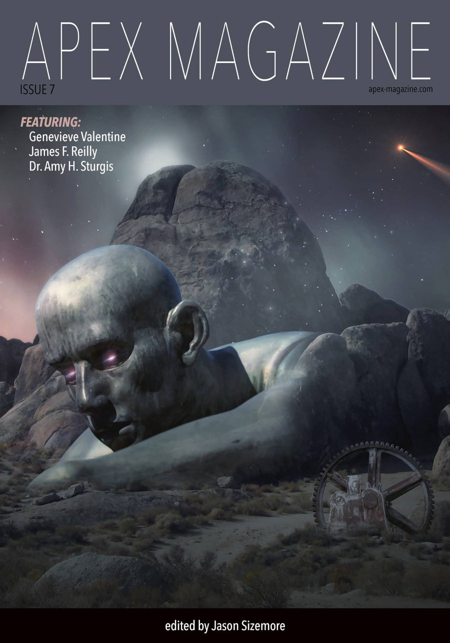 A giant stone head and hand lie partially buried in a rocky, alien landscape under a starry sky with purple light glowing from the statue’s eye. Get Apex Magazine Issue 7, DRM-free and edited by Jason Sizemore.