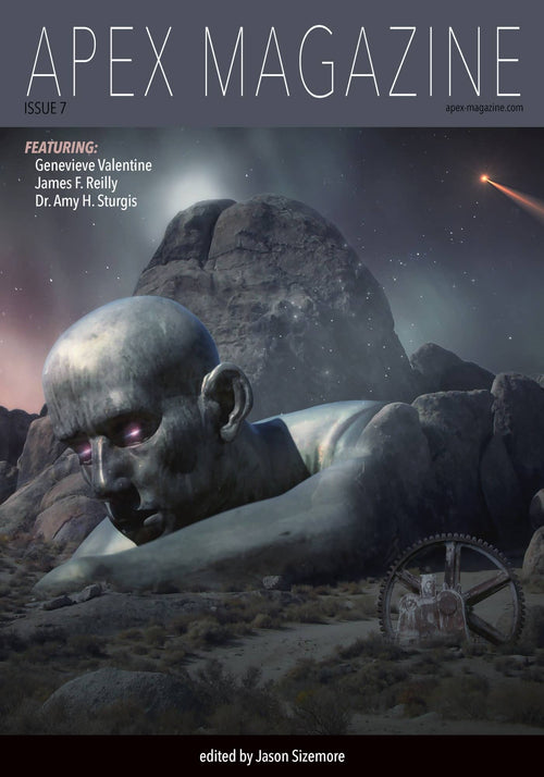 A giant stone head and hand lie partially buried in a rocky, alien landscape under a starry sky with purple light glowing from the statue’s eye. Get Apex Magazine Issue 7, DRM-free and edited by Jason Sizemore.