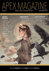 The cover of Apex Magazine Issue 154 features a digital painting of a woman with a golden halo, encircled by black birds in flight. The text highlights contributing authors and magazine information, with original fiction, flash fiction, and essays included.