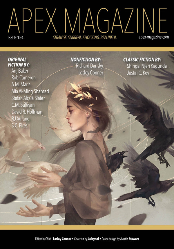 The cover of Apex Magazine Issue 154 features a digital painting of a woman with a golden halo, encircled by black birds in flight. The text highlights contributing authors and magazine information, with original fiction, flash fiction, and essays included.