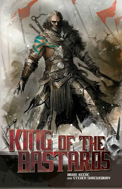 A rugged warrior in a fur cloak stands on a chaotic battlefield, sword drawn and red flags behind him. Bastards Bundle boldly crowns this dark high fantasy from authors Brian Keene and Steven Shrewsbury.