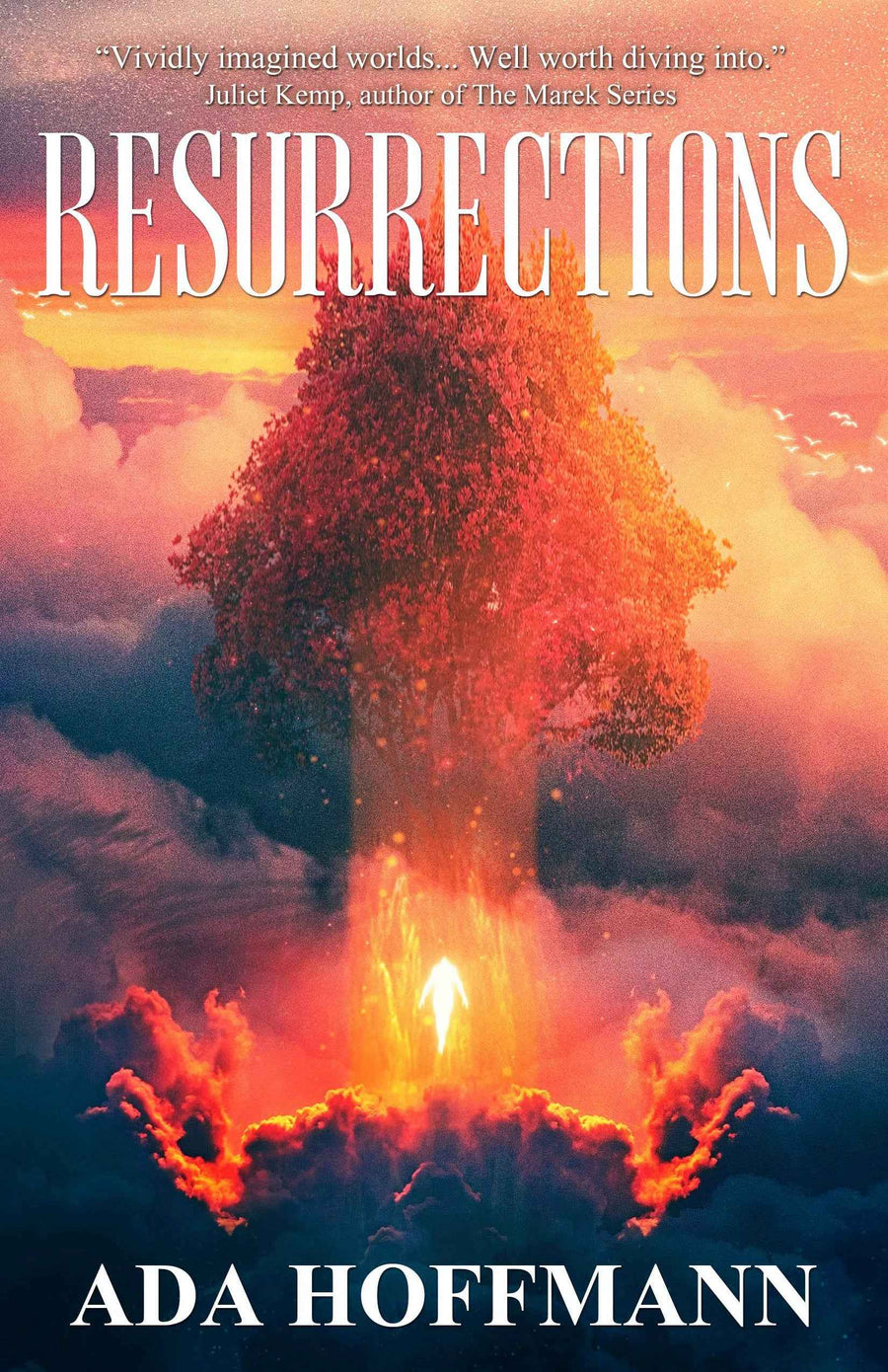 Book cover for Resurrections, featuring a glowing red-orange tree rising from clouds while a figure ascends toward it beneath a vivid, surreal sky.