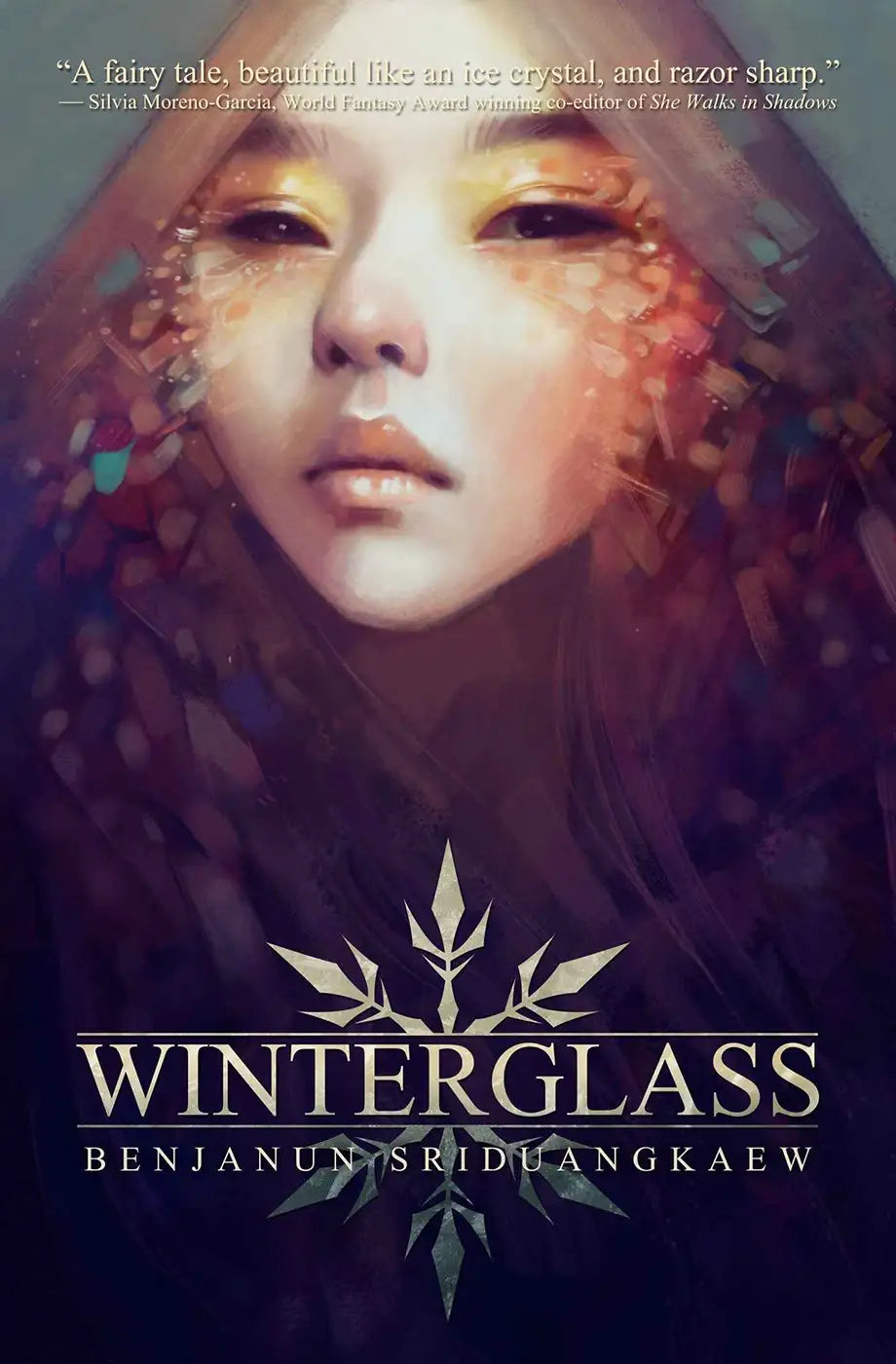 A digital painting on "Winterglass" features a woman's radiant face with glowing eyes, framed by frosty abstract patterns, evoking a Snow Queen tale. A book review quote appears above and the title "Winterglass" below.