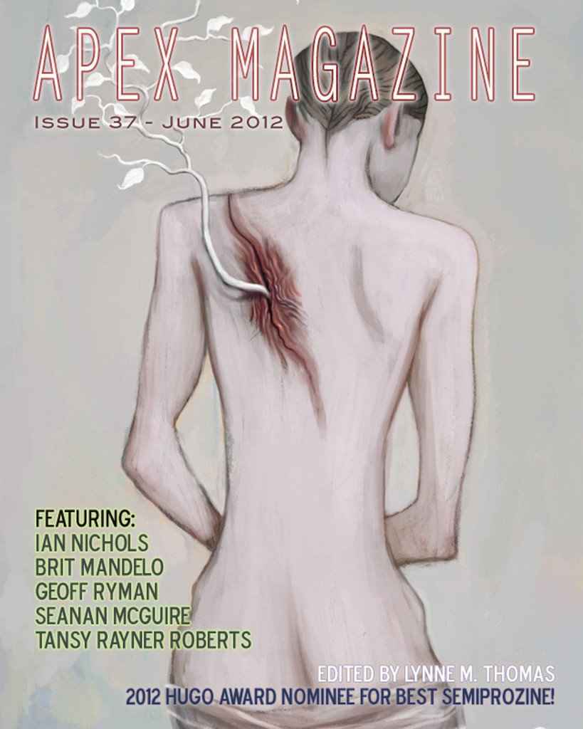 Apex Magazine Issue 37 features a haunting cover image of a pale-skinned person standing with their back exposed, revealing a deep red scar from which white roots or veins spread—capturing the chilling mood of "Winter Scheming." This DRM-free June 2012 issue includes the evocative story "Blood on Vellum," and showcases work by featured authors, with text highlighting APEX MAGAZINE, issue 37.