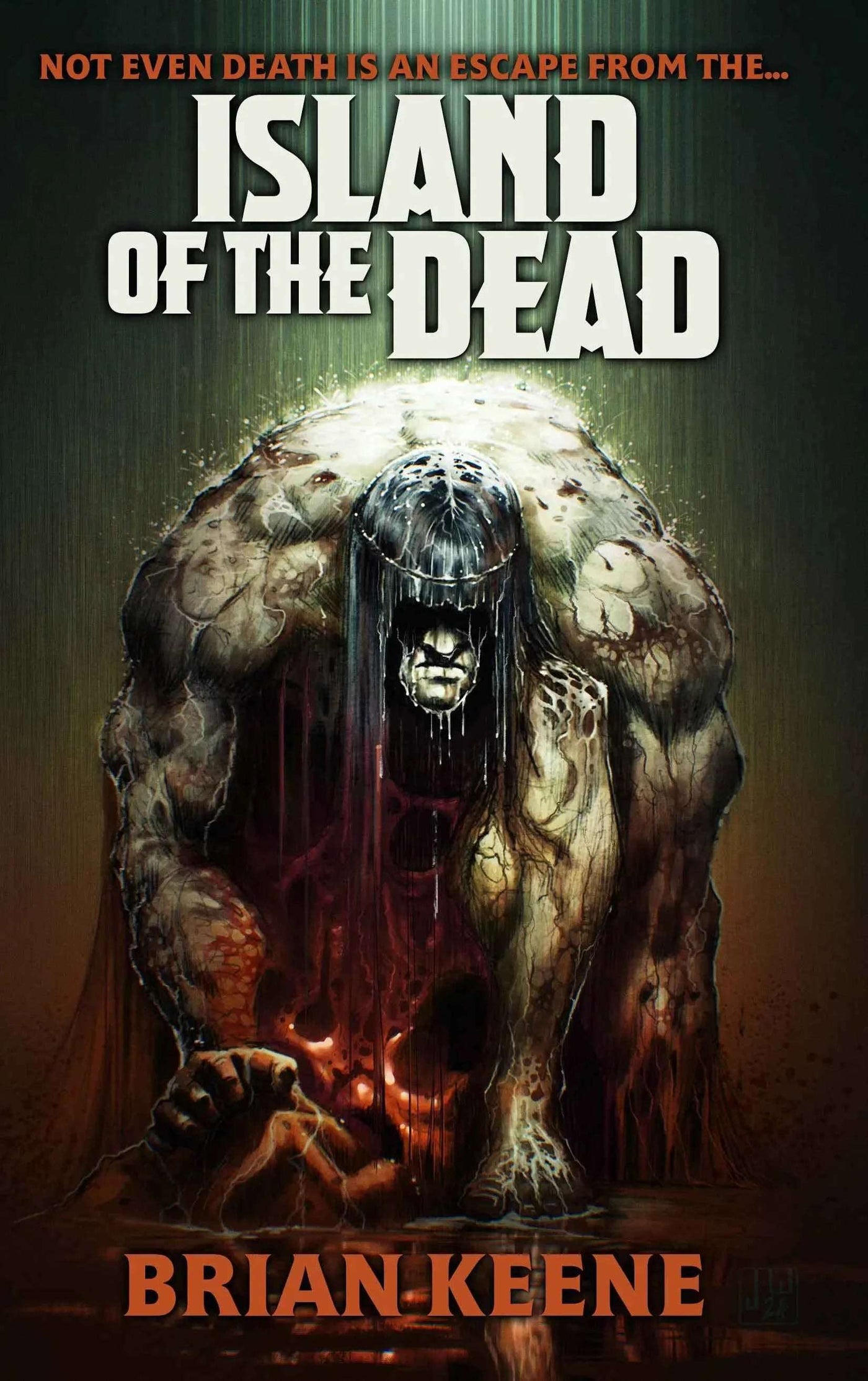 Book cover for Island of the Dead features a monstrous figure with long dark hair in shadowy darkness, evoking zombie horror. Bold, distressed title text and an ominous atmosphere complete the chilling design.