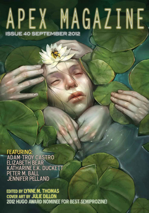 Apex Magazine Issue 40 features a surreal, DRM-free cover: a serene woman partly submerged amid green lily pads, a white water lily with a bee on her forehead. Cover text highlights science fiction writers, artist credits, issue number, and date.