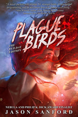 Book cover for Plague Birds: The Red Day Edition, a dark sci-fi novel, shows a red-haired woman blending into smoky red visuals with bold title text and a dramatic, otherworldly background.