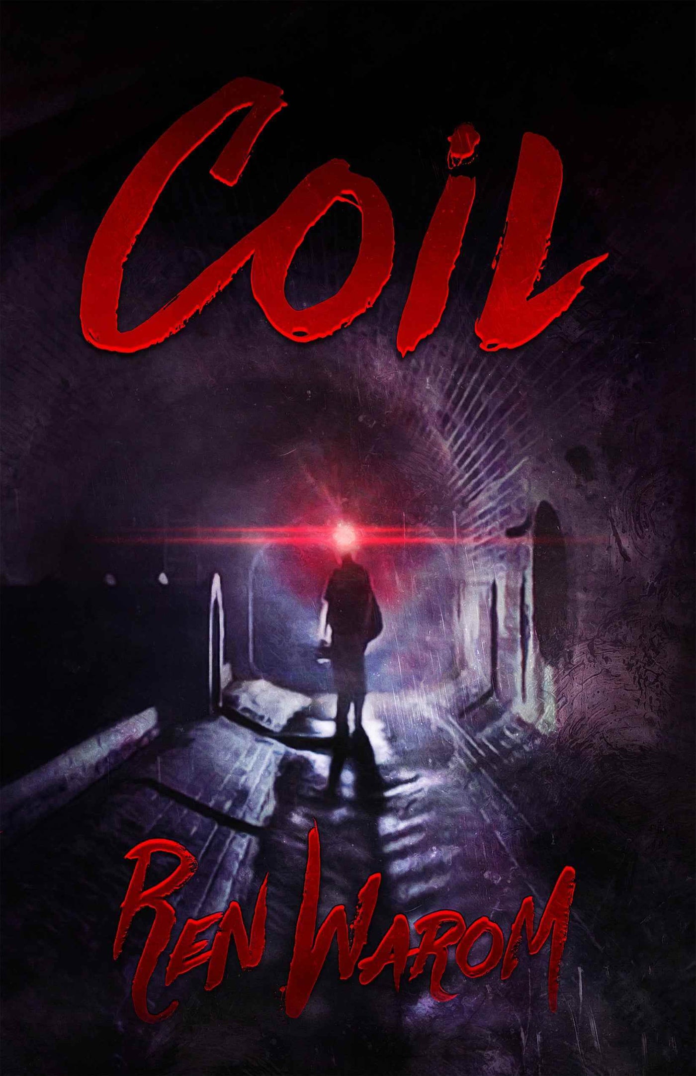 A shadowy figure with glowing red eyes stands in a dark tunnel. "Coil" appears in bold, jagged red letters, hinting at a horror-sci-fi novel with crime-noir mystery undertones.
