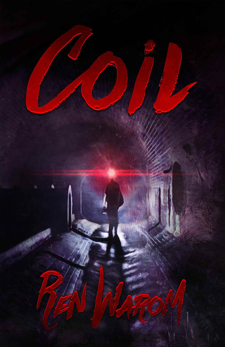 A shadowy figure with glowing red eyes stands in a dark tunnel. "Coil" appears in bold, jagged red letters, hinting at a horror-sci-fi novel with crime-noir mystery undertones.