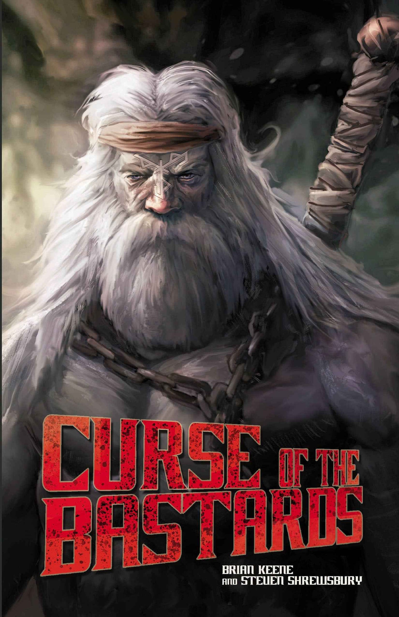 The illustrated cover of Curse of the Bastards features a rugged, white-haired warrior with a headband and sword. Bold red letters display the title—an epic barbarian fantasy novel by Brian Keene and Steven Shrewsbury.