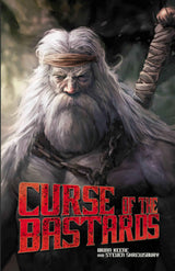 The illustrated cover of Curse of the Bastards features a rugged, white-haired warrior with a headband and sword. Bold red letters display the title—an epic barbarian fantasy novel by Brian Keene and Steven Shrewsbury.